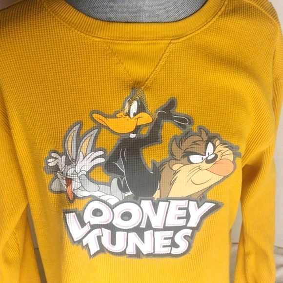 Looney Tunes Mustard Waffle Crop Top Shirt Size Large Like New Bugs Bunny Daffy, - Picture 3 of 5